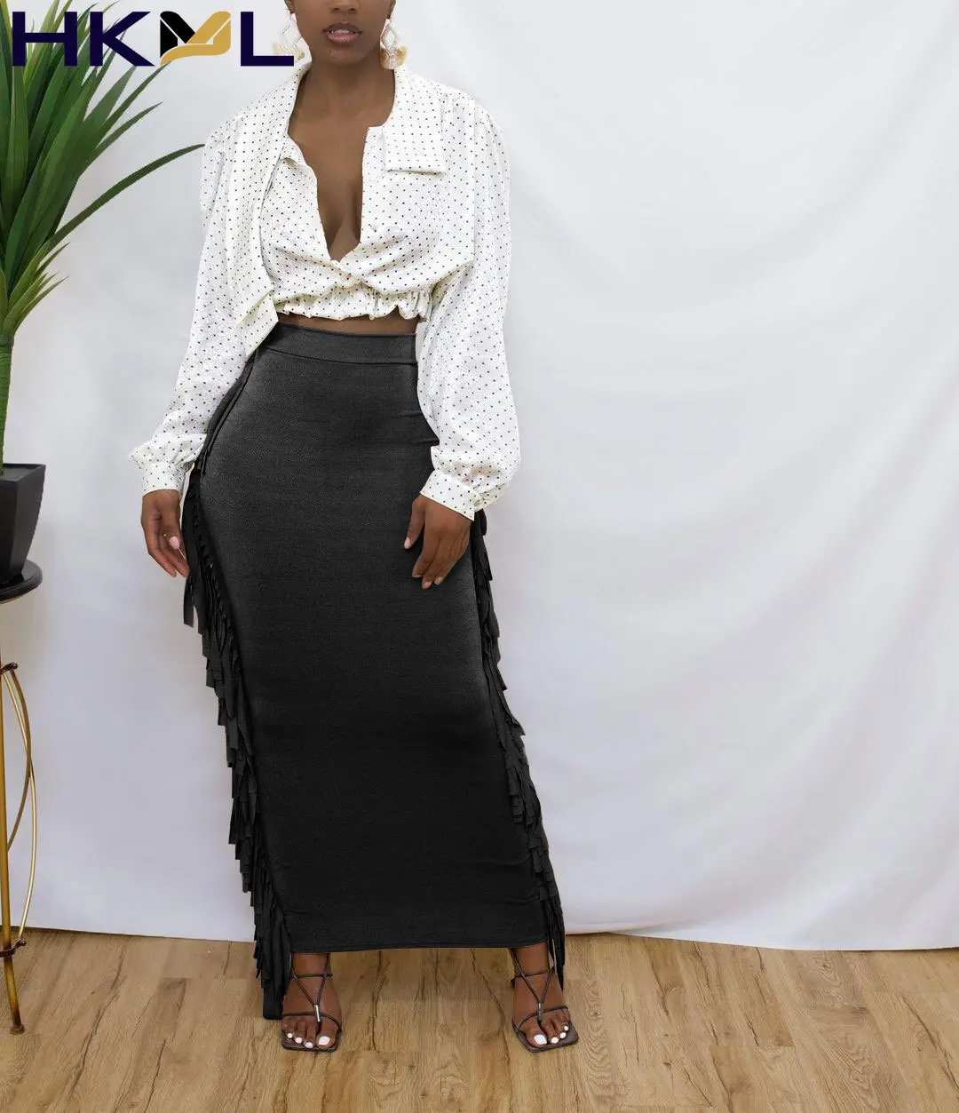 

2021 Summer New Women Block Ripped Tassel Solid Color Waist Straight Type Sexy Women Long Skirt