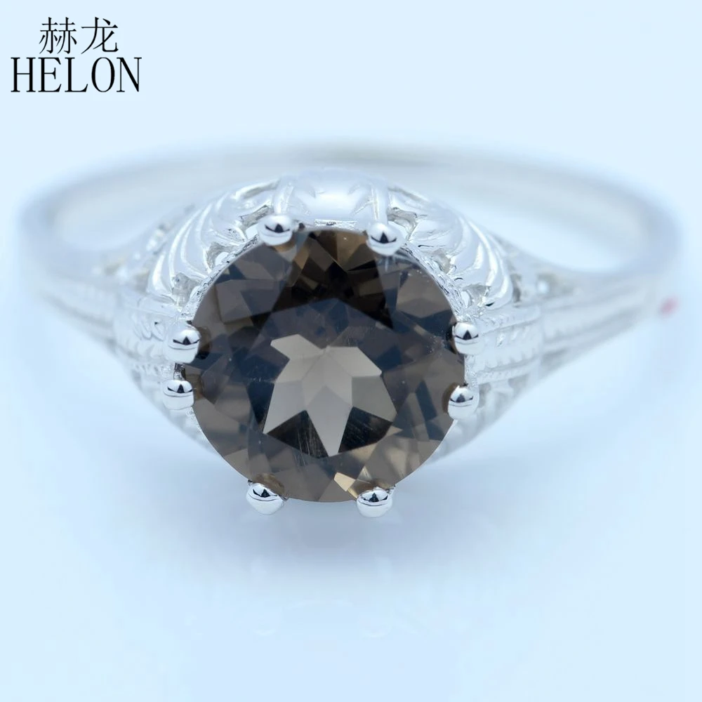 

HELON Round 8mm Genuine Natural Smokey Quartz Sterling Silver 925 Women Jewelry Vintage Style Cocktail Engagement Wedding Ring