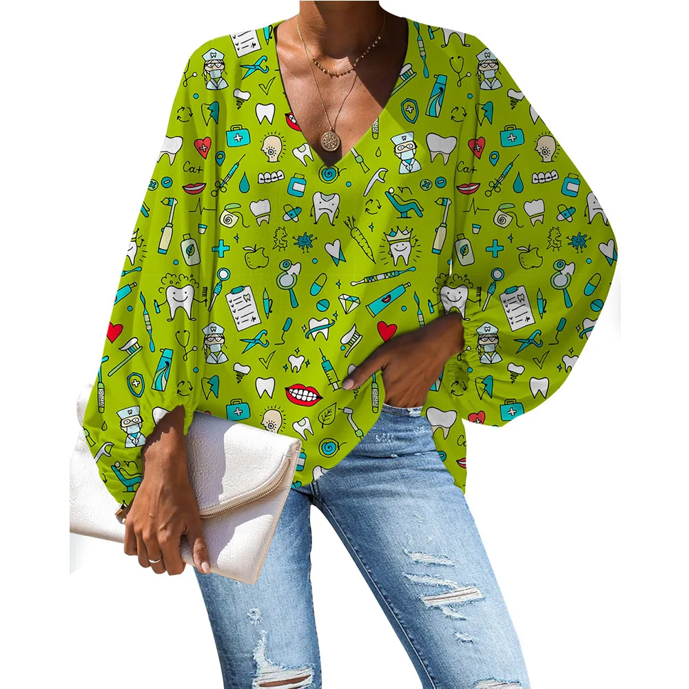 

NOISYDESIGNS Vintage Women Blouses Doctor Pattern V-neck Sexy Ladies Tops Loose Summer Shirt Plus Size Ropa Mujer Blusa Feminina