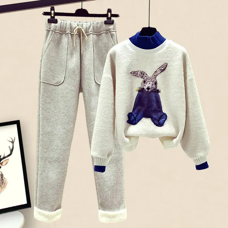 

Plus Size Women's Autumn New Suit Fashion Loose Looking Thin Western Style Plus Cashmere Sweater Casual Pants Two-piece Suit