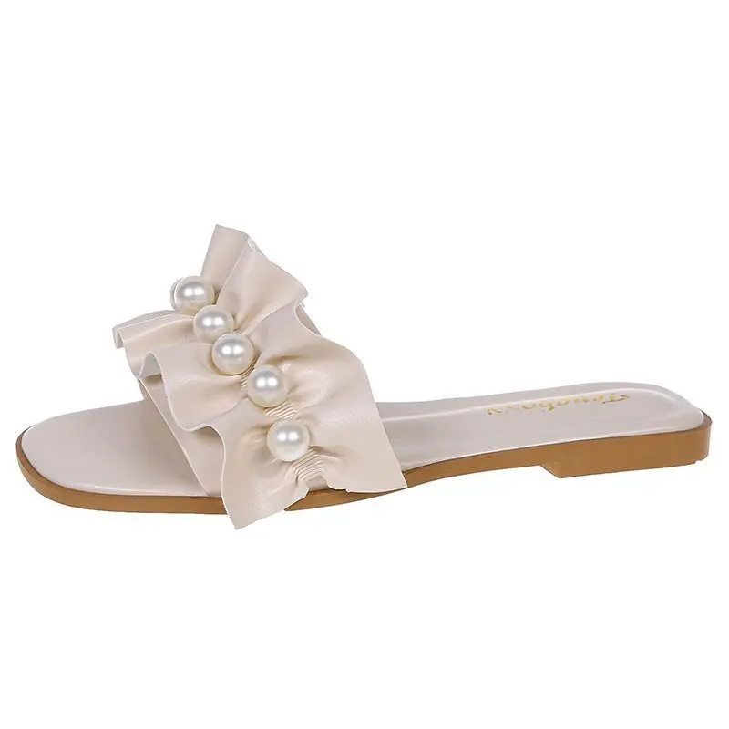 

Female Shoes Big Size Womens Slippers Outdoor Slides Low String Bead Fashion 2021 Summer Luxury Beach PU Floral Hoof Heels Basic