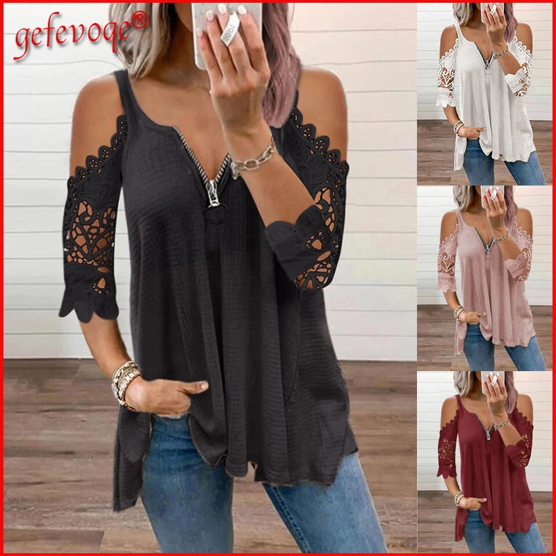 

2021 Summer Women Sexy Off Shoulder Lace Tunic Tops Lady Casual Elegant Half Sleeve V-neck Zipper Oversized Tees T-shirt