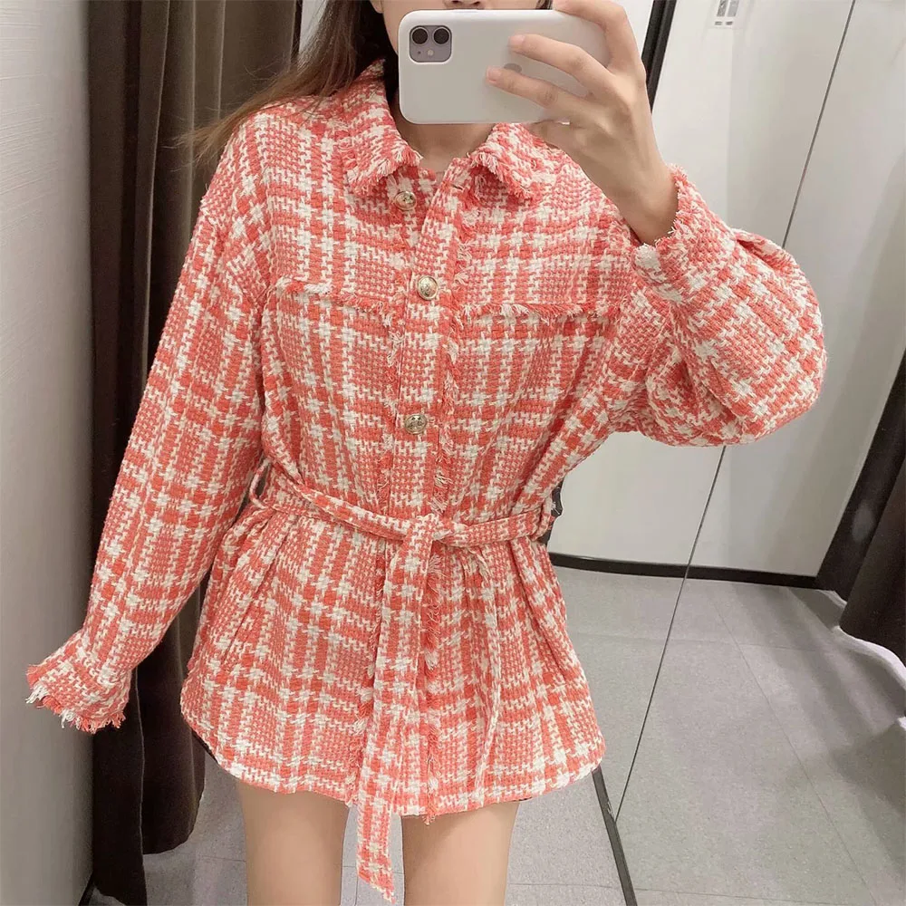 

BM UR HM ZA women's 2021 early autumn new fashion all-match lapel long-sleeved with belt plaid slim-fit woolen windproof jacket