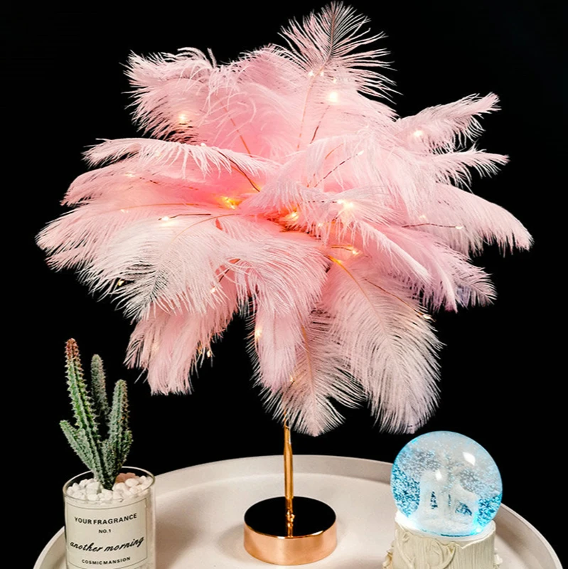 

Girl LED Wedding Decorative Lights Birthday DIY Creative Feather Table Lamp Warm White Light Tree Feather Lampshade Pink White