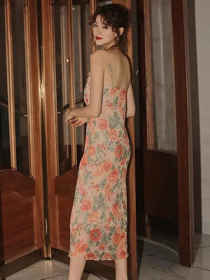 Винтажное летнее Женское Платье макси с цветочным принтом элегантный узкий