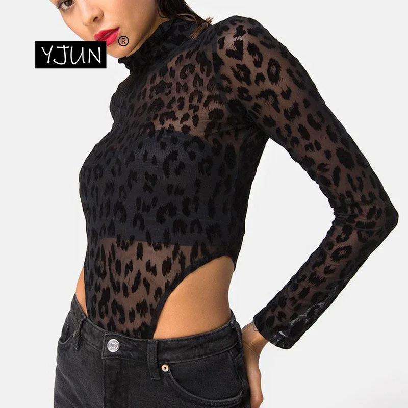 Сексуальное прозрачное леопардовое боди женские топы Осенние облегающие