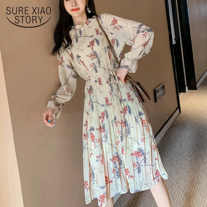 2021 весеннее Плиссированное шифоновое платье до середины икры женские платья