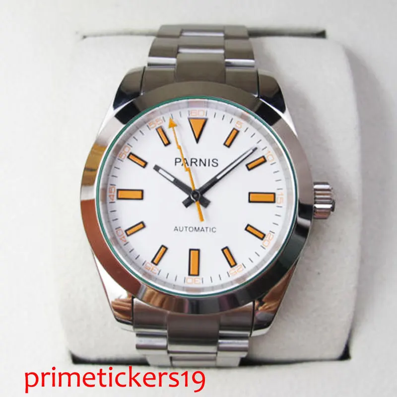 

40mm PARNIS white dial men's watch sapphire glass automatic movement mental strap bracelet clasp PA201
