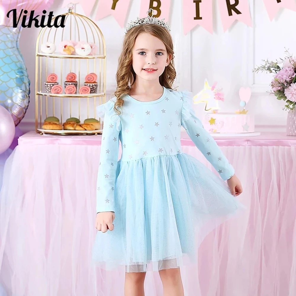 VIKITA Kids Long Sleeve Dresses for Girls Party Dress Star Printed Birthday Tutu Dresses Children Casual Wear Princess Vestidos  - buy with discount