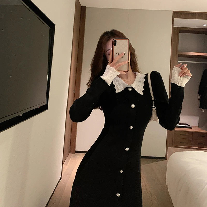 Женское однобортное вязаное платье-свитер элегантное облегающее черное