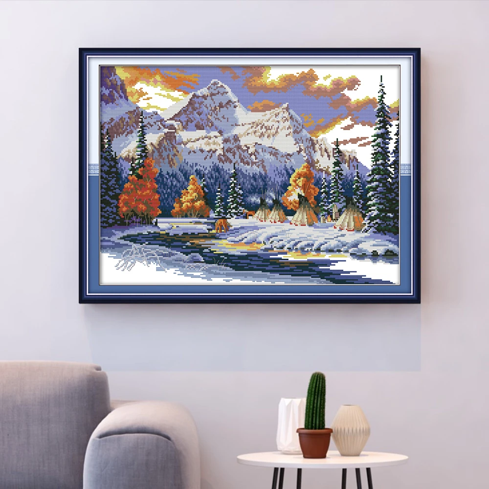 

HUACAN Cross Stitch Embroidery Winter Scenery Needlework Sets For Full Kits White Canvas DIY Home Decor 14CT