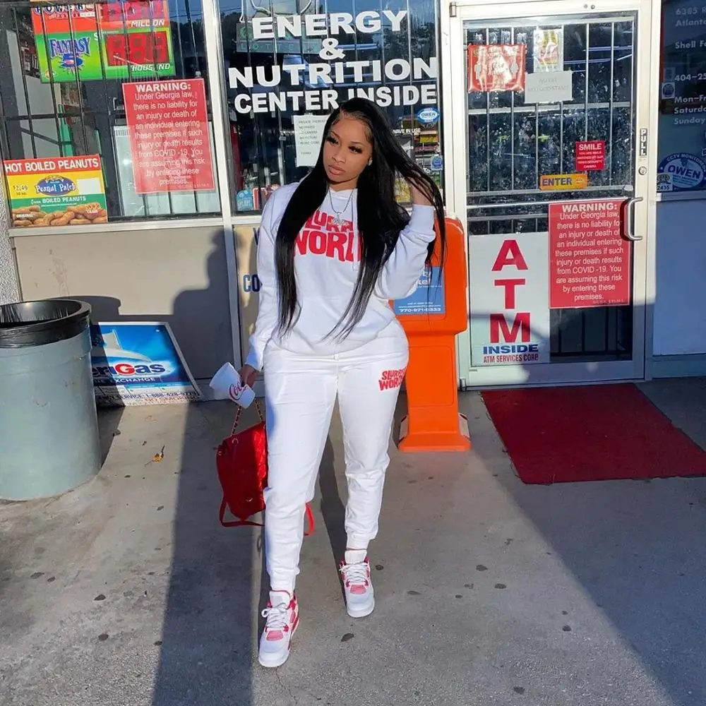 

2020 autumn and winter new best European and American women's clothing fashion printing Letters Hooded sweater Two-piece solid