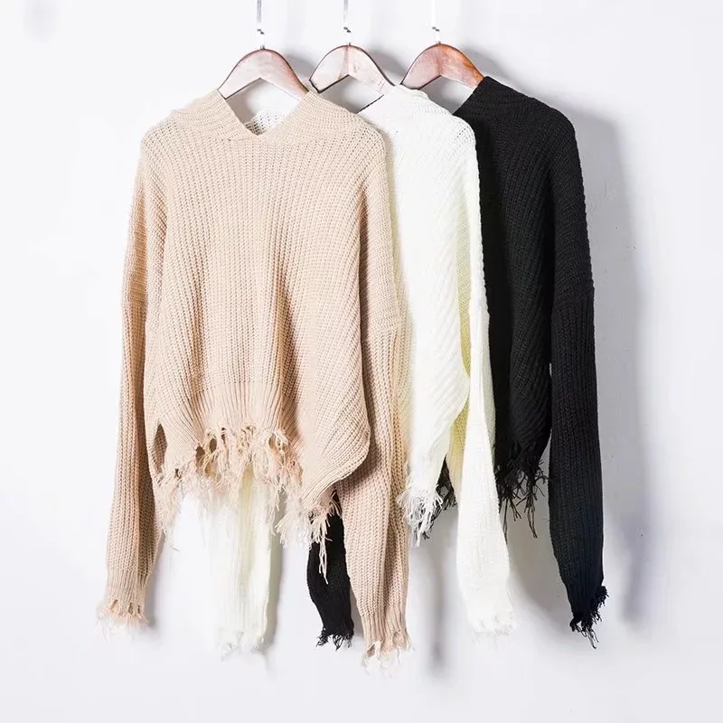 

Women's Sweater Loose Short Tassel Sweaters Solid Color Hooded Pullovers Streetwear Tops Soft Elasticity Spring Autumn Outwear