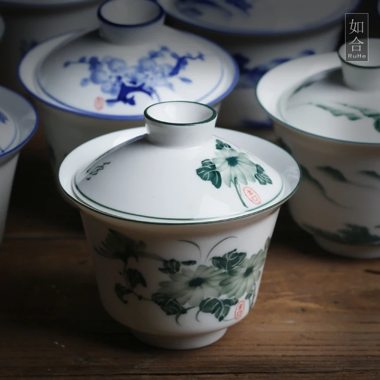 

inventory export large GaiWanCha three bowl of tea under the three-piece ceramic glaze color only pure manual painting