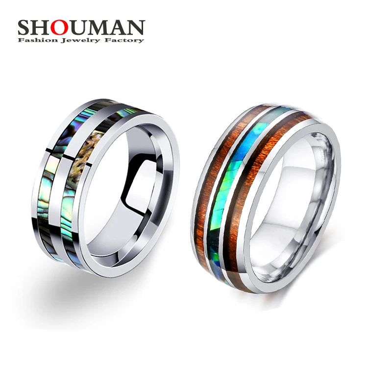 

SHOUMAN High Polished Titanium Steel Real Wood Shell Vintage Finger Rings for Mens Wedding Band Cool Punk Jewelry