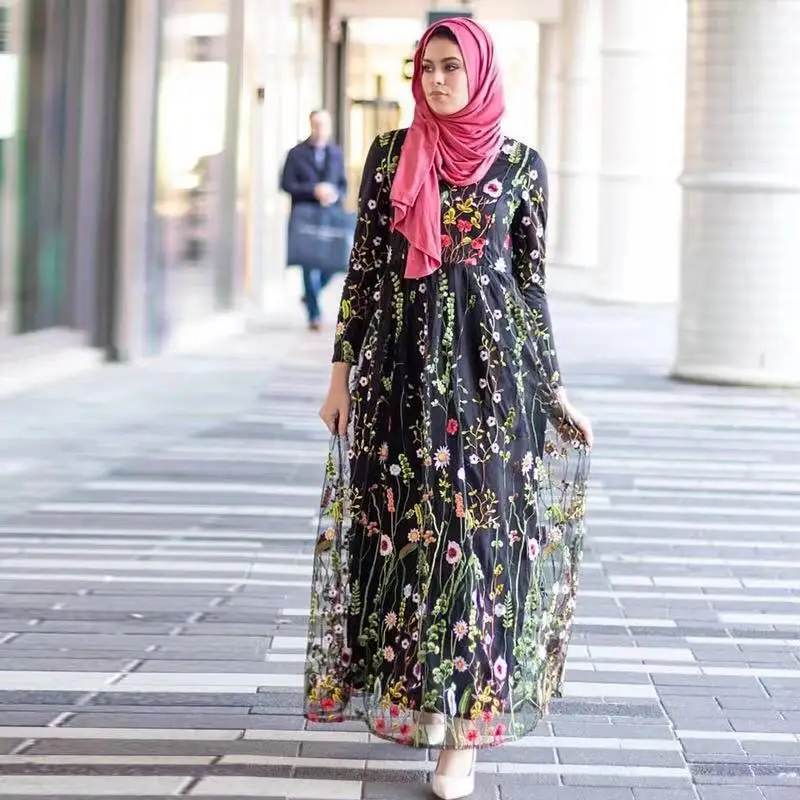 Мусульманское платье-Кафтан abaya Дубай цветочные кружева вышитые халат элегантные скромные Модные женские исламские турецкие платья с длинными рукавами