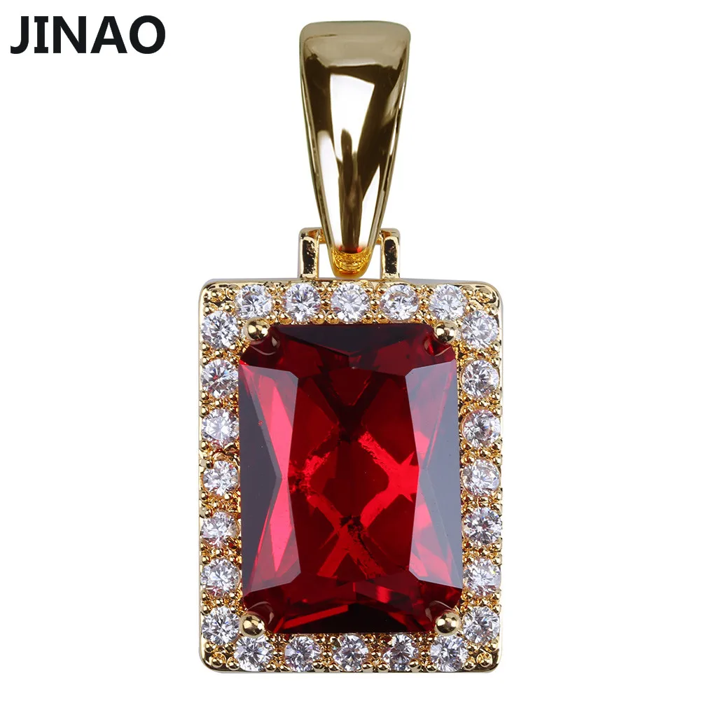 

JINAO The Square Red White Crystal Pendant With Chain Gold Silver Color Iced Out CZ Paved Charm Jewelry For Gift