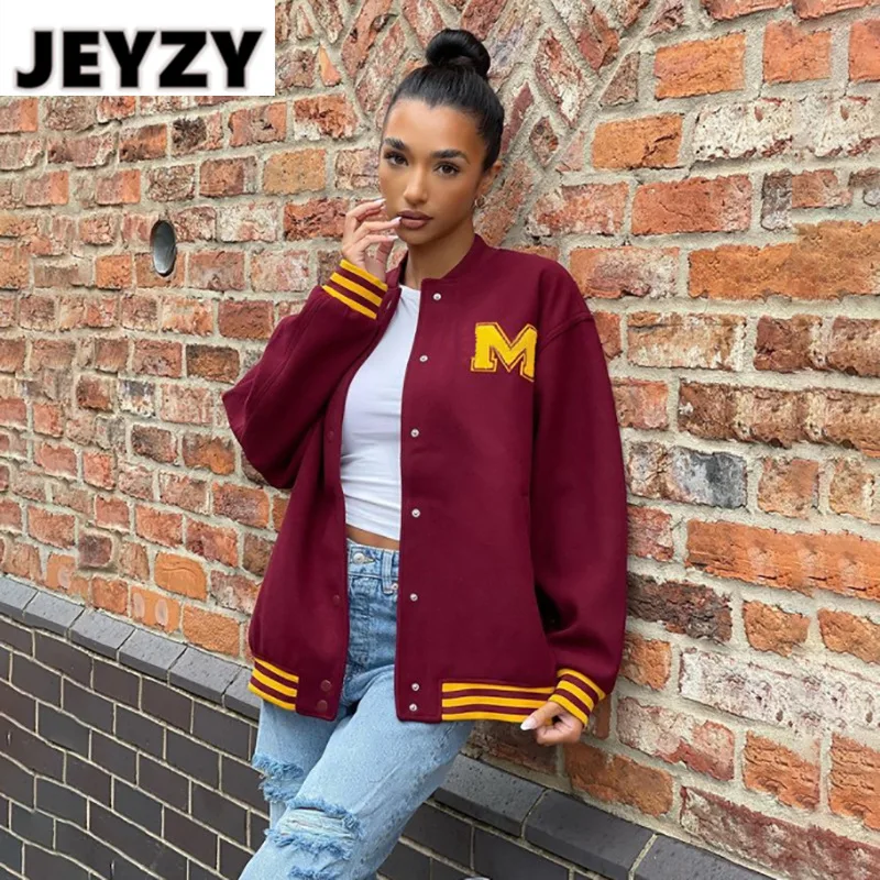 

Oversized Varsity Jacket Women 2021 Autumn Winter Fashion Letter Embroidery High Street Red Baseball Jackets Casual Retro Coats