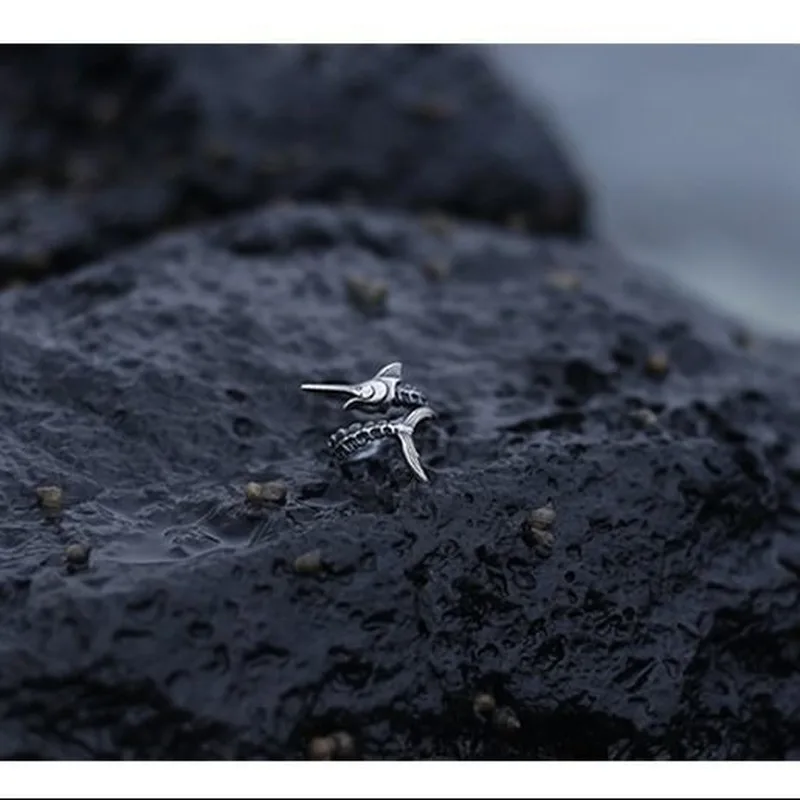 Кольцо серебряное с рыбками марлина широкое двойное открытое ювелирное изделие