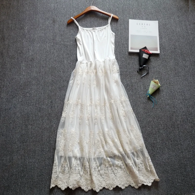 

Осенне-зимняя кружевная длинная юбка с вышивкой и подтяжками, Сетчатое платье без рукавов