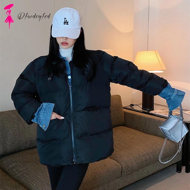 

2021 New Women's Cotton-padded Jacket Design Sense Denim Splicing False Two Thick Warm Loose Thin Cotton-padded Womens Jackets