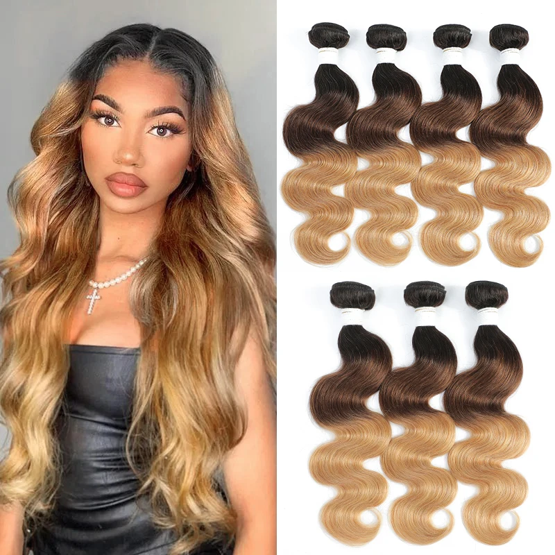 

Brazilian Body Wave Human Hair Bundles Ombre Brown 3 Tone 1B/4/27 Colored Human Hair Weave Bundle Remy Hair Can Buy 1/3/4 PCS