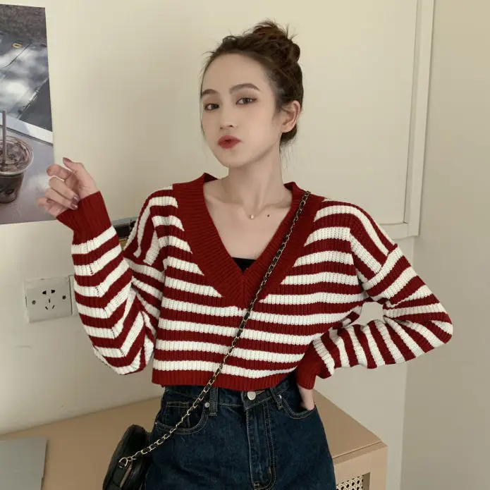 

Женские свитера Pull Hiver с V-образным вырезом в полоску 2020 женские осенне-зимние свободные женские свитера