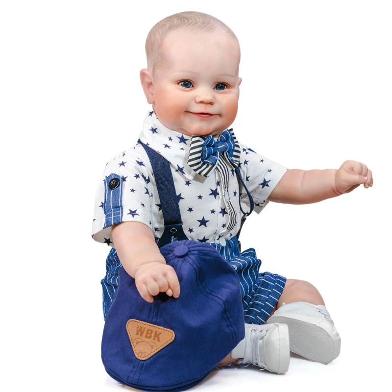 

24inch/60cm Interactive Toys Realistic Newborn Baby Dolls Practical Joke Toy Soft Body Boy Doll with Overalls & Hat 97BC