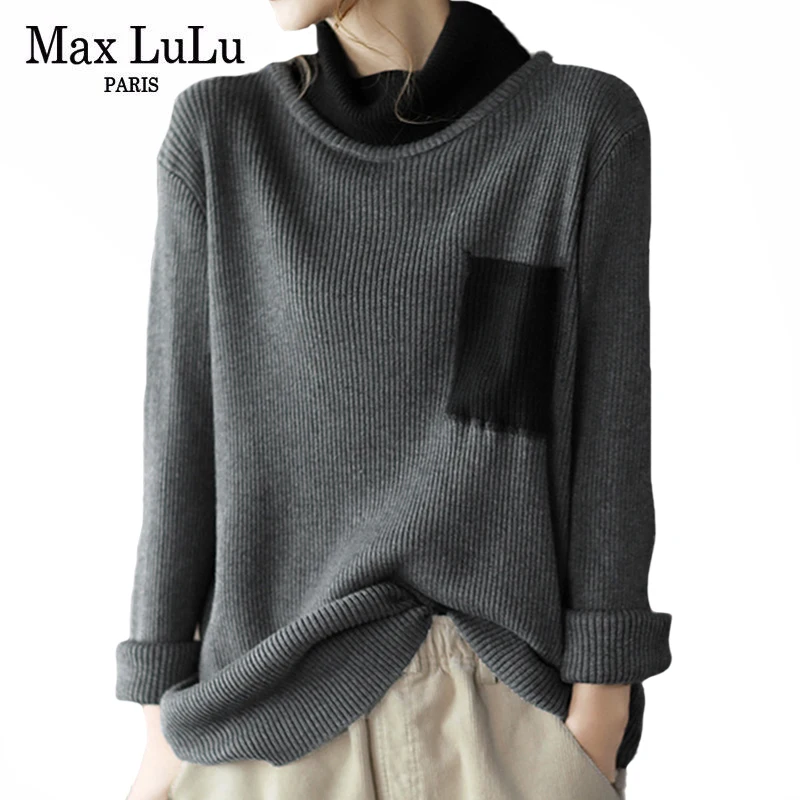 

Новинка 2021, зимняя Женская водолазка Max LuLu, дизайнерский свободный Женский Повседневный Элегантный джемпер, винтажный пуловер в стиле пэчво...