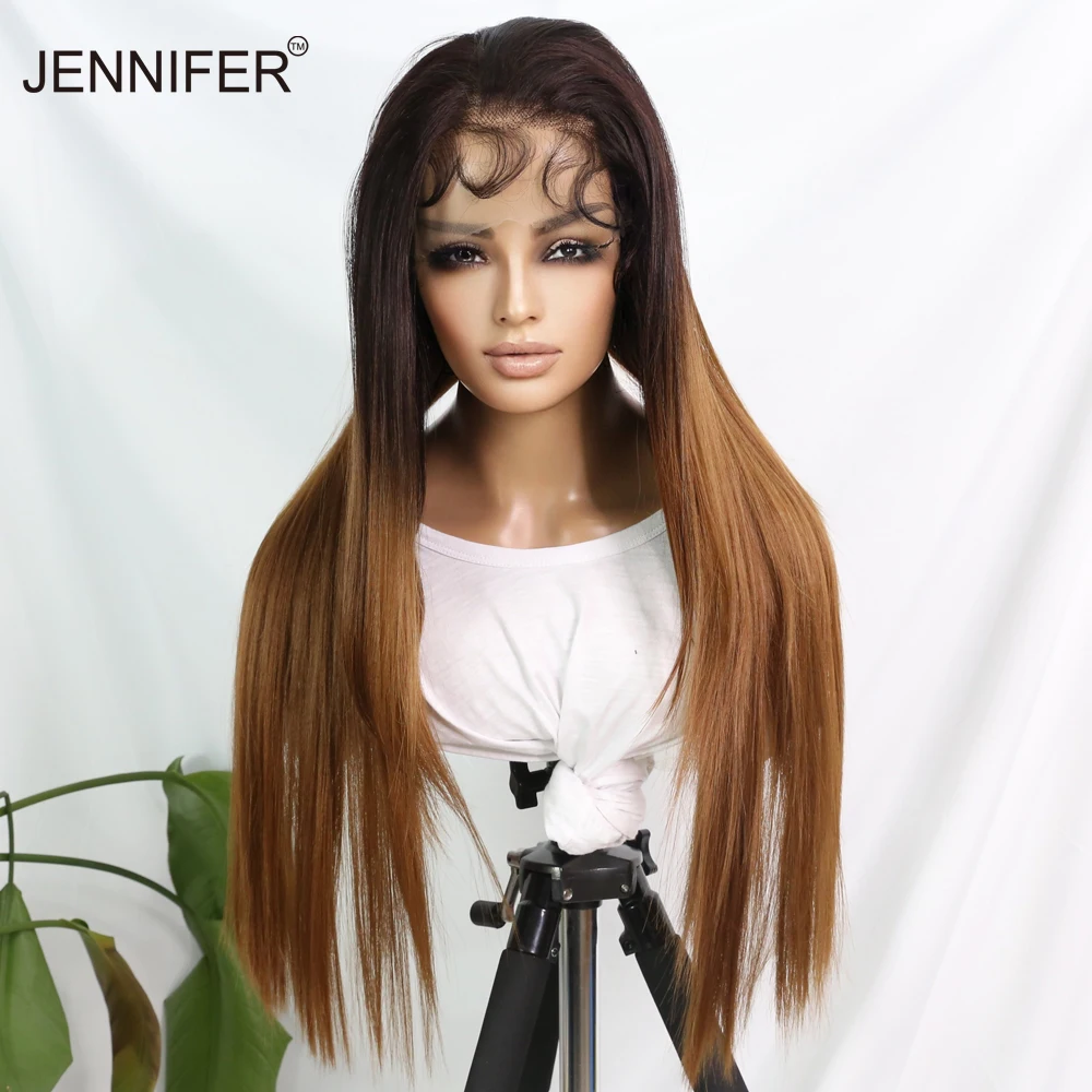 

Synthetic Wigs For Women Lace Front Long Straight Hair With Baby Hair Ombre Colored Average Size High Temperature Fiber