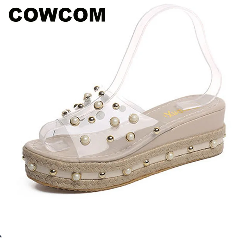 COWCOM/тапочки; женская одежда; непромокаемые летние шлепанцы на платформе с наклонным каблуком; босоножки с заклепками на толстой подошве; SGLL-002S