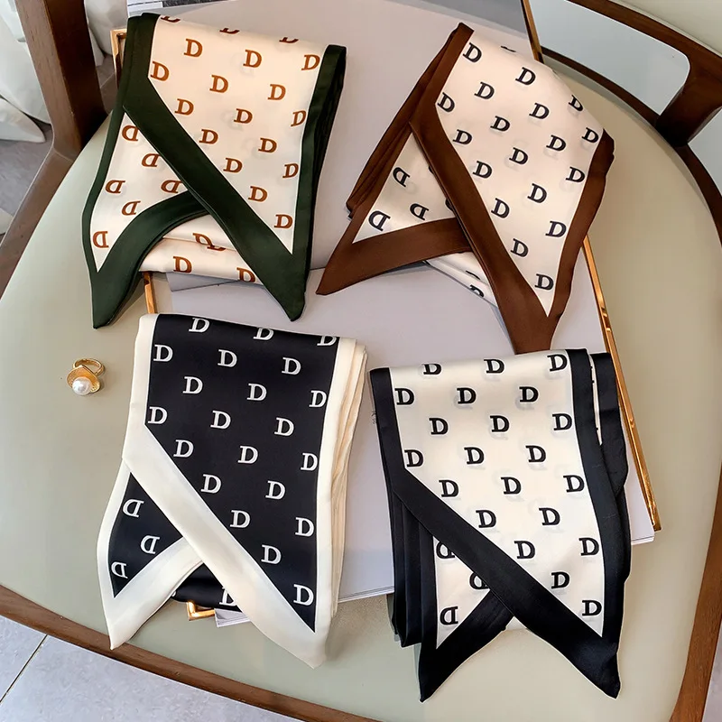 

New Aesthetic Fashion letter printing long silk scarf female Literary Party travel hair decorative headband tie wrist strap bag