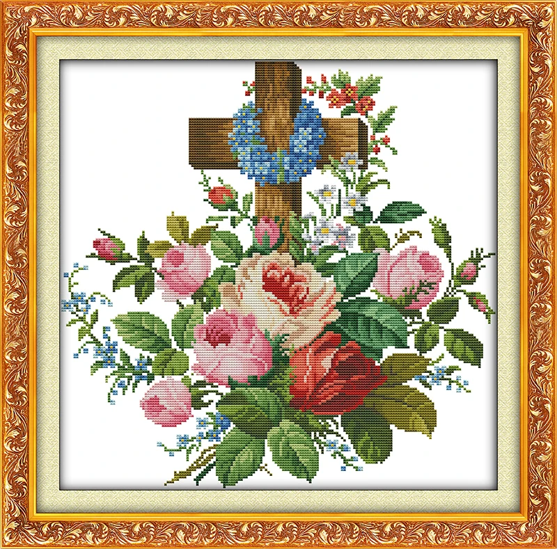

The cross flowers plants cross stitch kit Religion counted aida 14ct 11ct hand embroidery DIY handmade needlework supplies bag