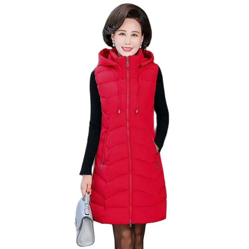 

Women Winter Hood Big Pocket Long Windproof Warm Waistcoat Puffer Jacket Cotton Padded Wadded Overcoat