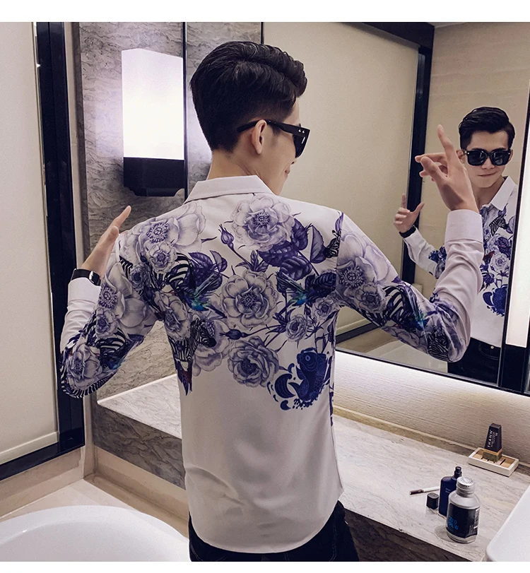 Camisa Masculina цифровой принт мужские рубашки с длинным рукавом Осень мужские рубашки с цветочным узором повседневные приталенные рубашки для ночного клуба homme 3XL