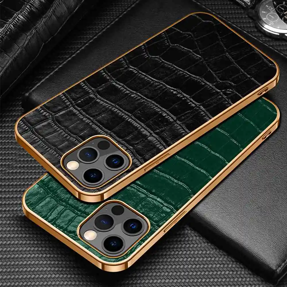 Genuine Leather Case For Iphone 13 12 11 14 Pro XS Max Case Electroplate Coque For Iphone X XR 11 12 Mini 13 Mini 14 Plus Cover