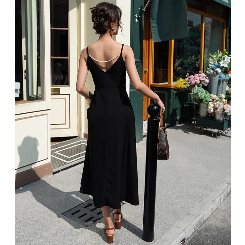 

V-neck Suspender Summer Dress For Women Sexy Backless Pearl Chian A-line Party Dresses 2021 New Vestidos