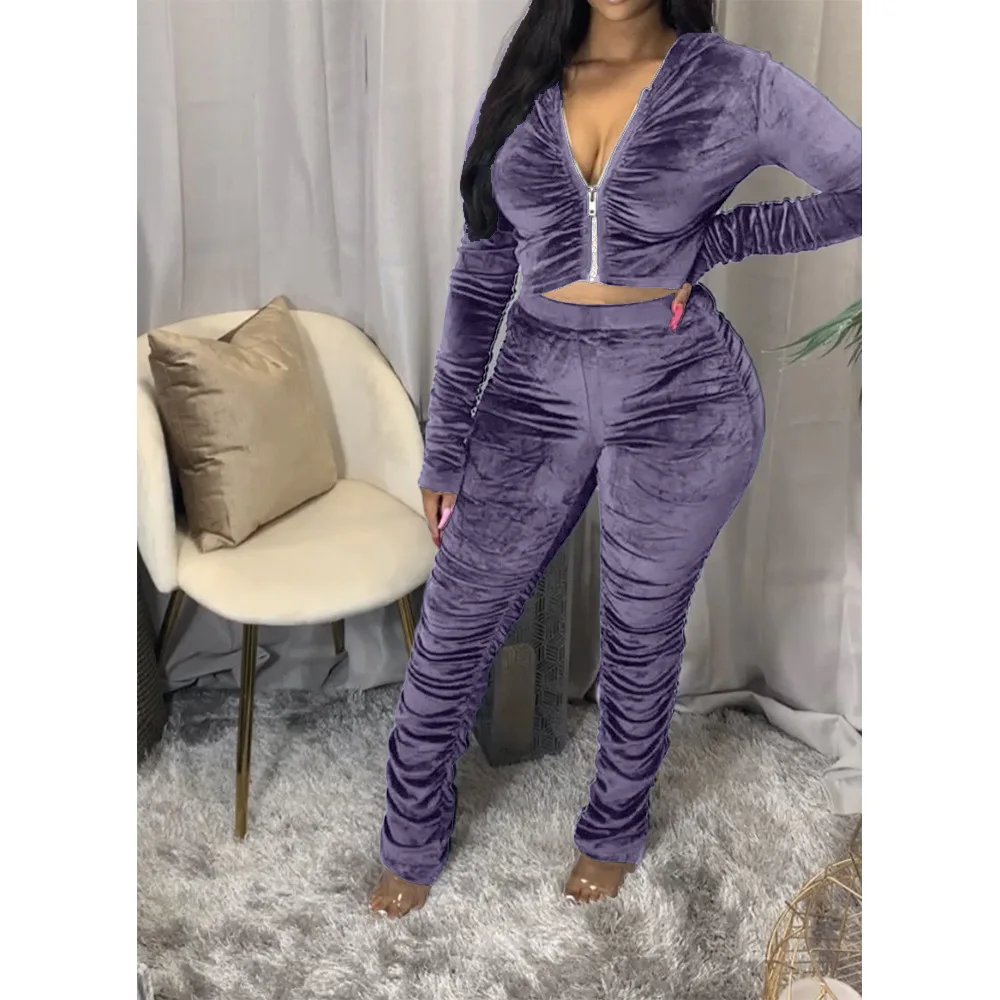 Winter Velvet Stacked Women's Set Zipper Hoodies Ruched Pants Set Sport Tracksuit Two Piece Outfit Active Sweatsuit