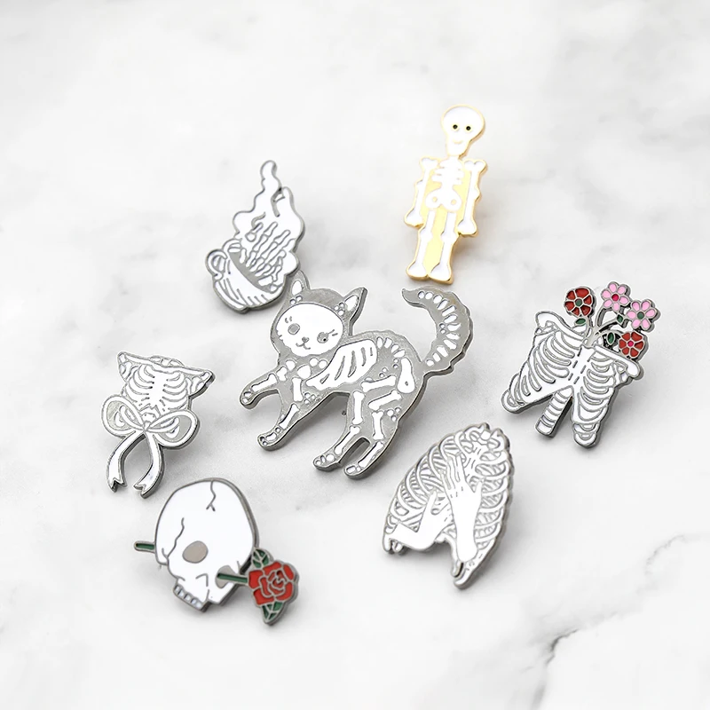 Skull Skeletons Collection Brooches Badge Cat Ribs Rose Skeleton Enamel Pin Punk Gothic Jewelry Denim Shirt Bag Lapel Pins Gifts | Украшения