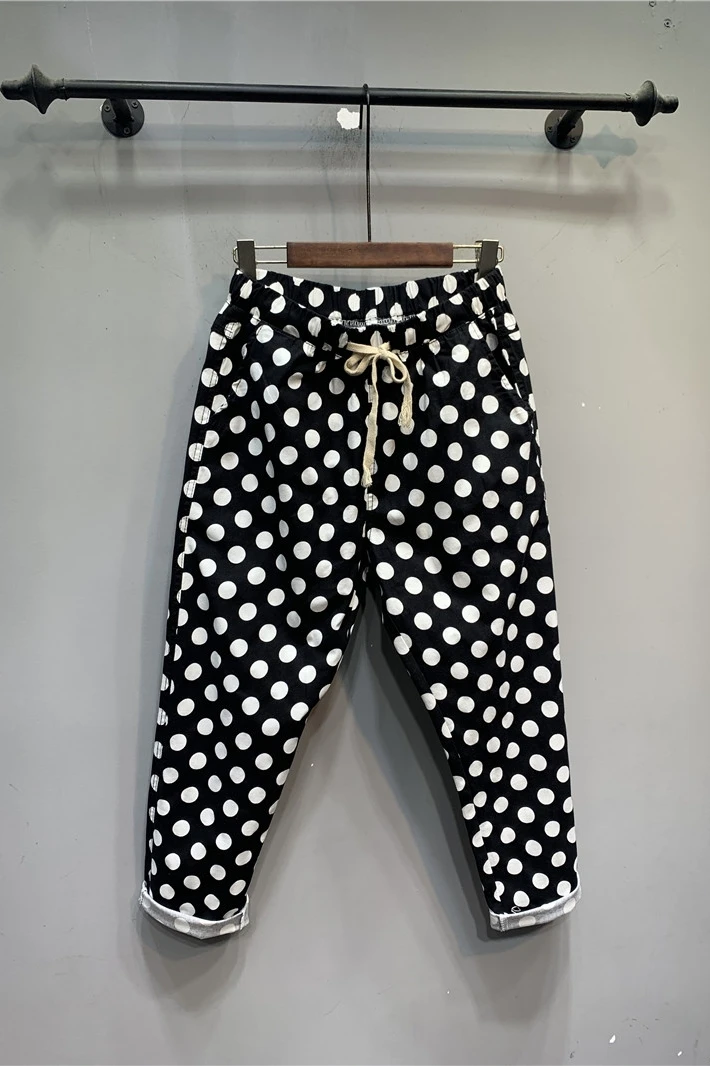 

Polka Dot Cropped Casual Pants Women's Clothing 21 Summer Thin Elastic Waist Drawstring Ankle-Tied Harem Pants Daddy Baggy Pants