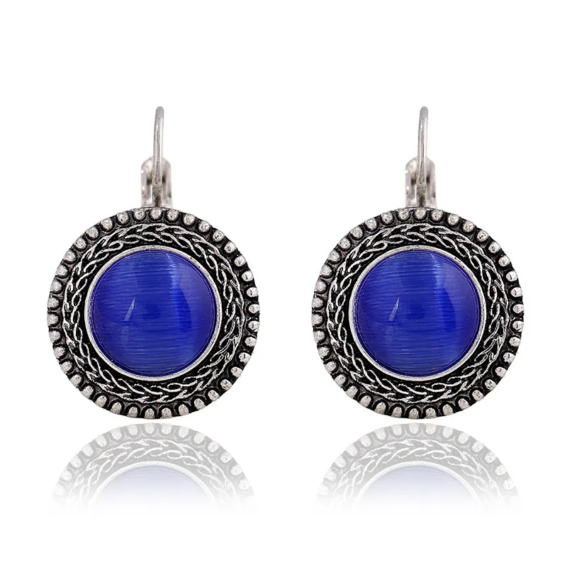 

Retro Bohemia Cat's Eye Stone Earring Silver Plated Women Semi Precious Stone Earring Charm Women Cocktail Party Jewelry
