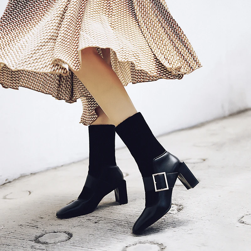 Boots Women Genuine Leather Mid-calf Boots Fashion High Heels Autumn Winter Party Prom Shoes Woman Office