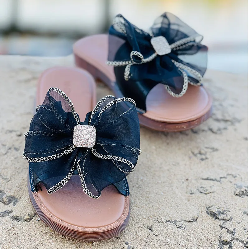 

Women Slip On Slippers Ladies Butterfly Knot Lace Casual Shoes Woman PU Leather Crystal Fashion Summer Flats Shoe Female Comfort