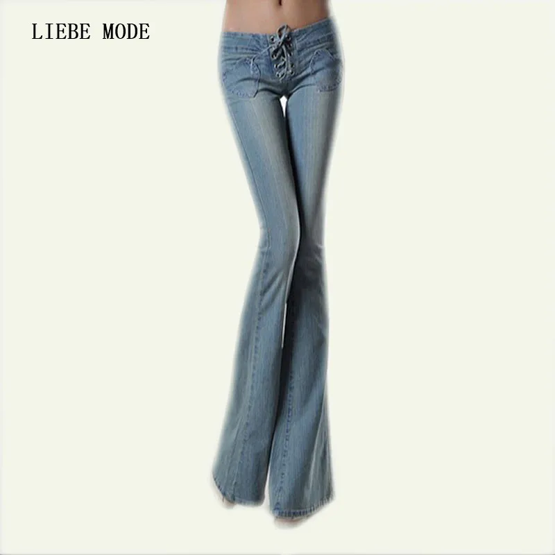 Female Vintage Low Waist Flare Jeans Fashion Bell Bottom Trousers Women Drawstring Sexy Push Up Flared Jeans Mujer