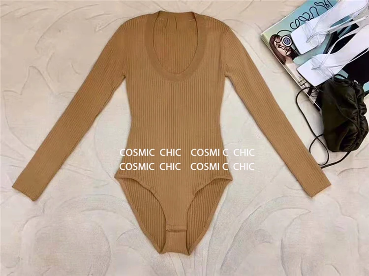 Cosmicchic Women Long Sleeve Knitted Wool Bodysuit Autumn Winter O Neck Sexy Bodycon Top Quality Party Club Solid Body