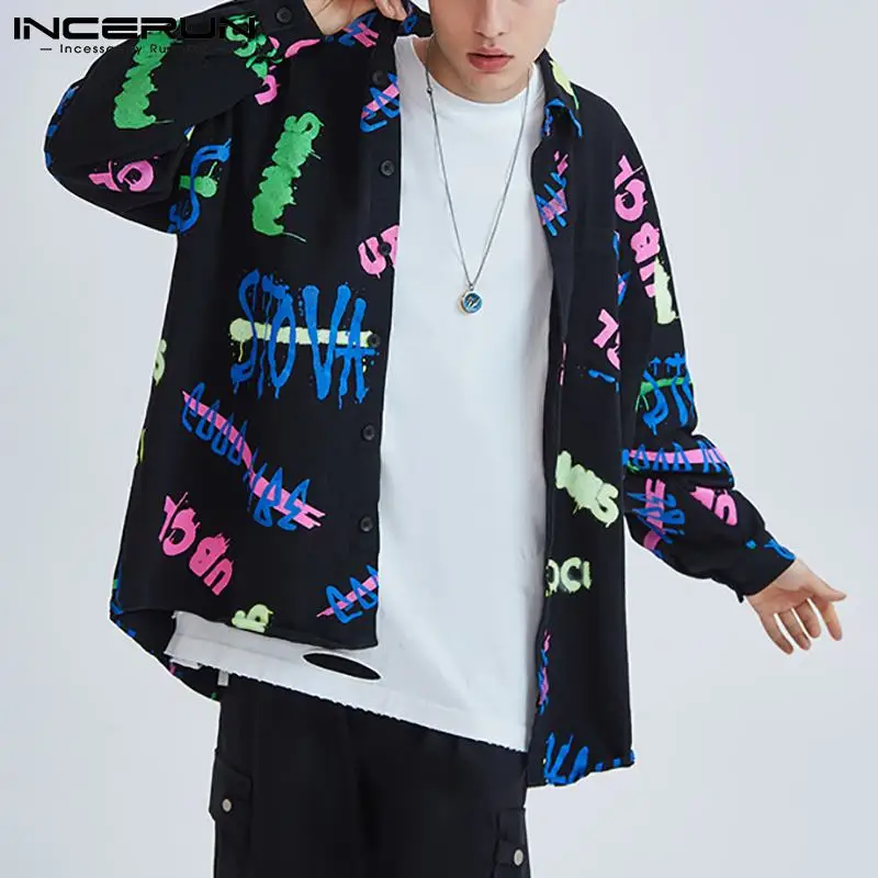 

INCERUN Fashion Men Casual Shirt Printing Turn Down Collar Long Sleeve Pockets Streetwear Camisa Masculina 2021 Men Clothing 3XL