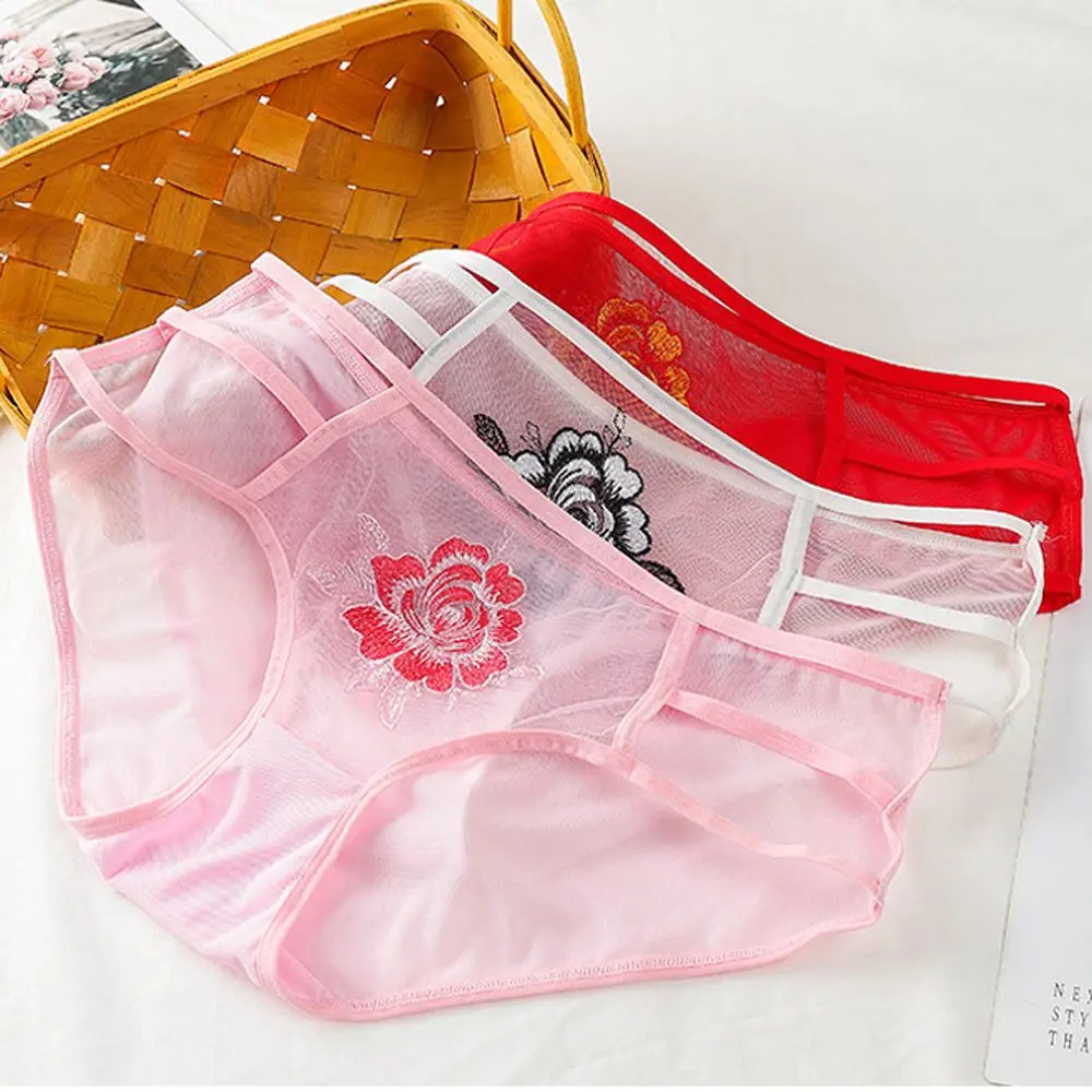 

Mesh Embroidery Flower Panties For Women Transparent Hollow Out Briefs Thin Belt Low Waist Underwear Breathable Girl Underpants