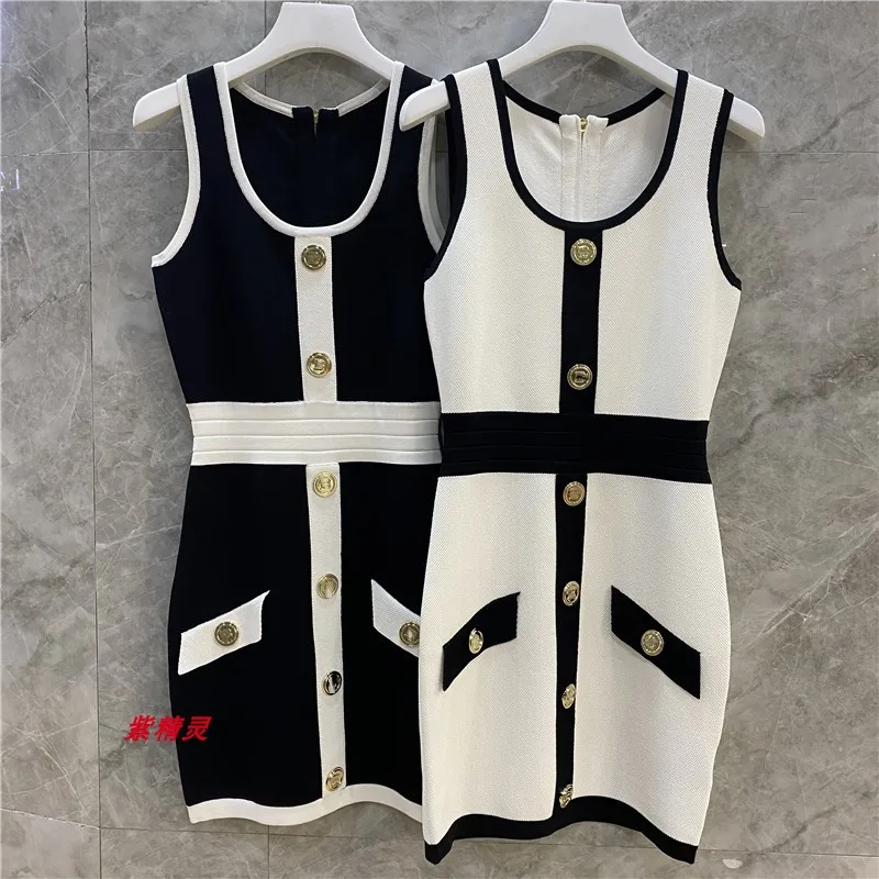 

Винтажное летнее трикотажное платье-футляр без рукавов во французском стиле, женское облегающее платье с О-образным вырезом и жилетом на бе...