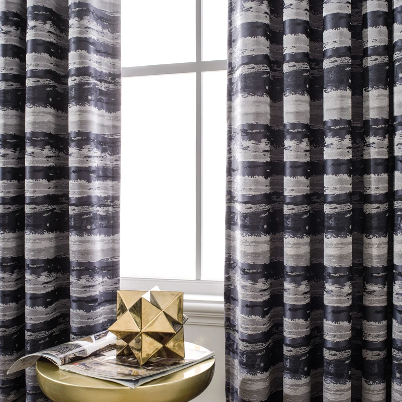 

Custom Nordic Simplicity shading cotton Horizontal stripes Gray blue window blackout curtain livingroom thick bedroom M1135