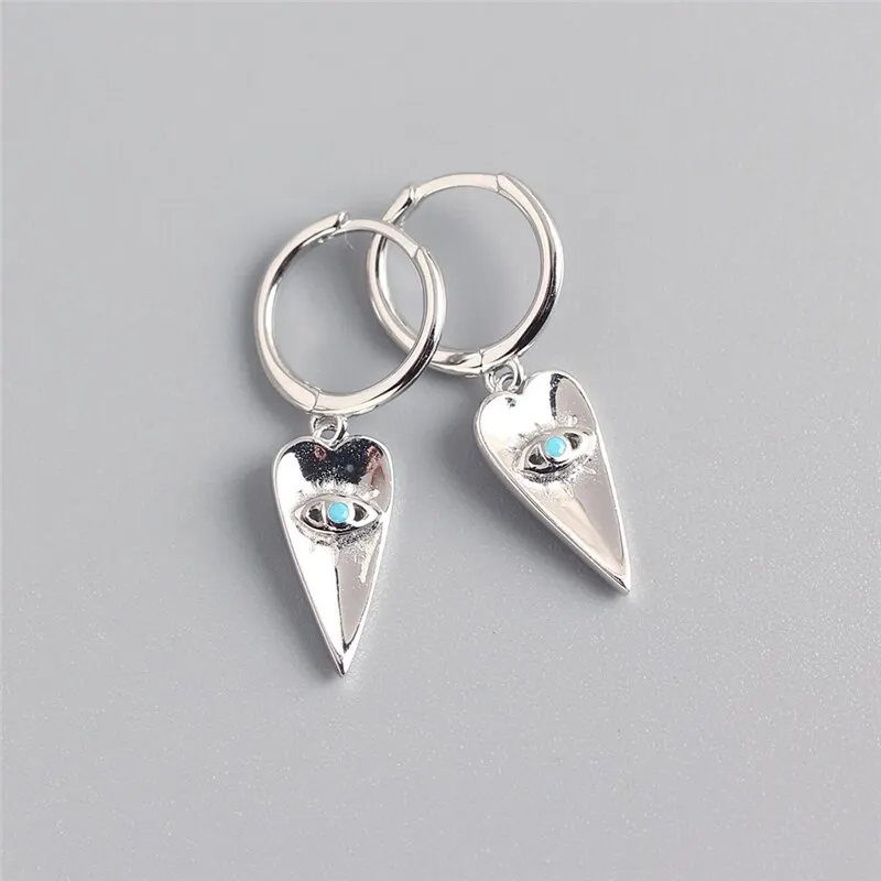 

A00708 Korean Genuine 925 Sterling Silver Peach Heart Blue Zircon Demon Eye Stud Earrings for Fashion Women Punk Jewelry